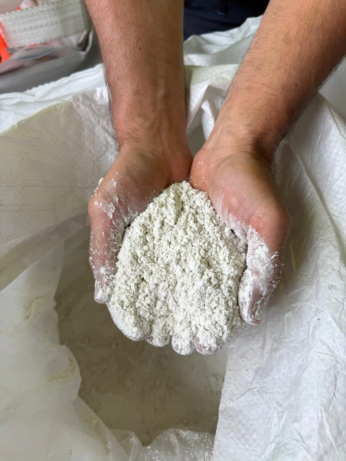Finished fine powder held in cupped hands