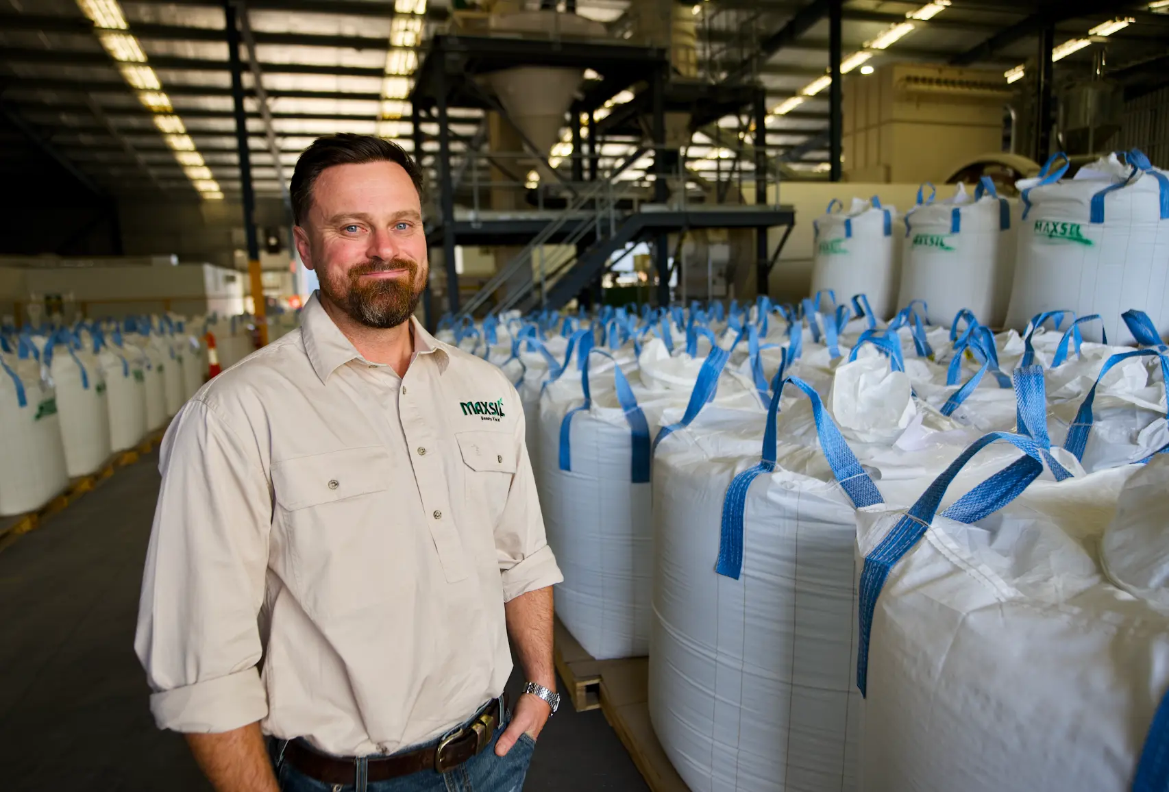 Bulk bags of finished Maxsil fine powder at the Brendale milling plant